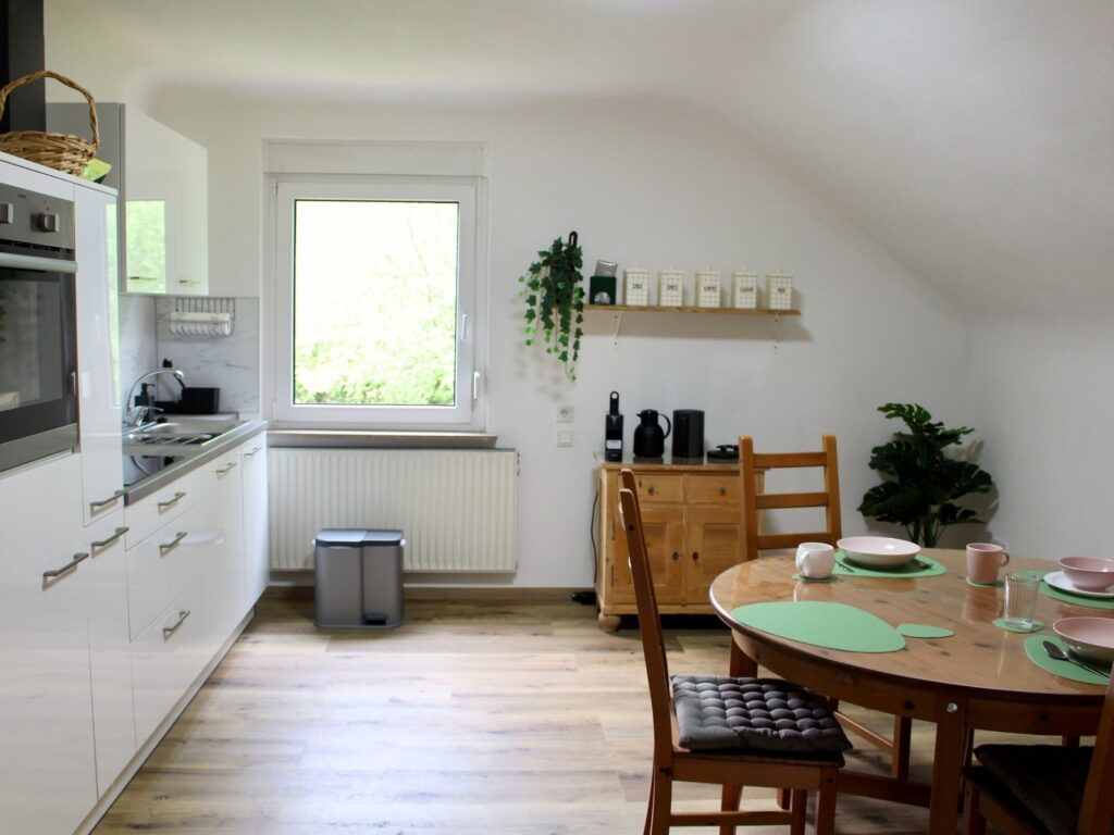 bostalsee-ferienwohnung-schwarzhfo-hahnekraeh-wohnkueche-kuechenzeile-esstisch